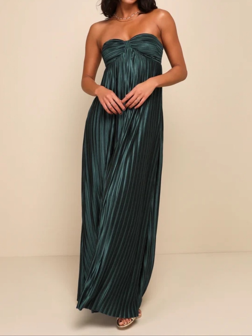 Lulus Strapless Pleated Maxi Dress in Deep Teal